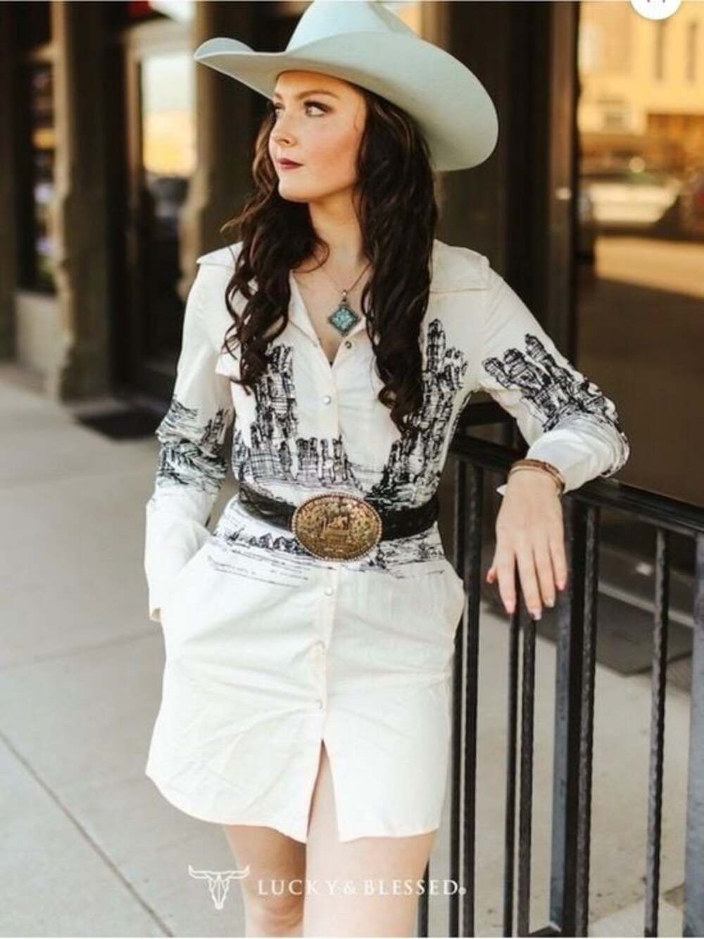 Lucky & Blessed Cream Shirt Dress with Black Western Print - NWT - Size S